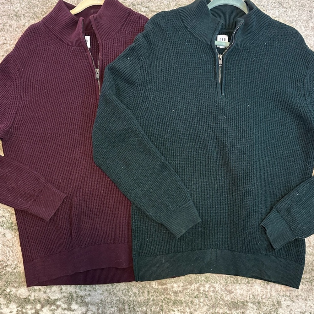 Gap 2 Half-Zip Ribbed Mock Neck Sweater Two Pack Men’s Large Green & Burgundy